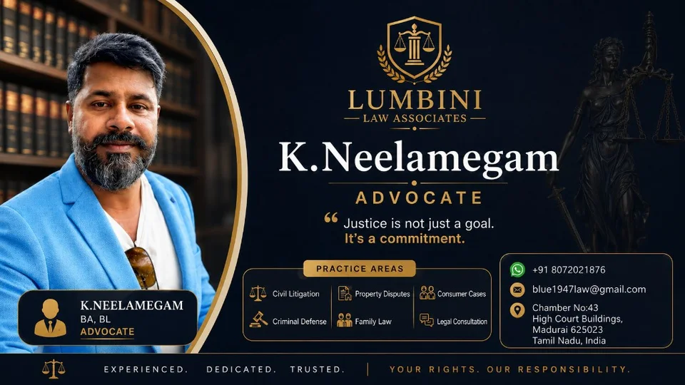 Advocate K. Neelamegam — Lumbini Law Associates Madurai legal services banner